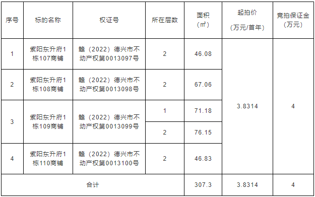 德興市紫陽(yáng)東升府1棟107、108、109、110的二層及109的一層共5間商鋪整體招租（5年） 拍賣(mài)公告